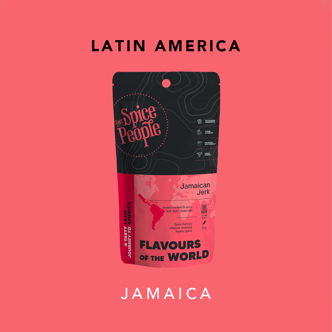 Spice People Jamaican Jerk seasoning packet on a pink background with 'Latin America' and 'Jamaica' text.