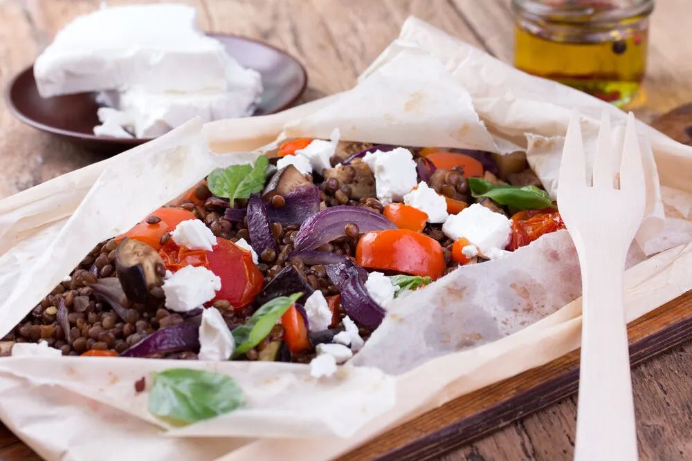 Baked Tomato-Harissa Lentils with Sweet Potato and Feta