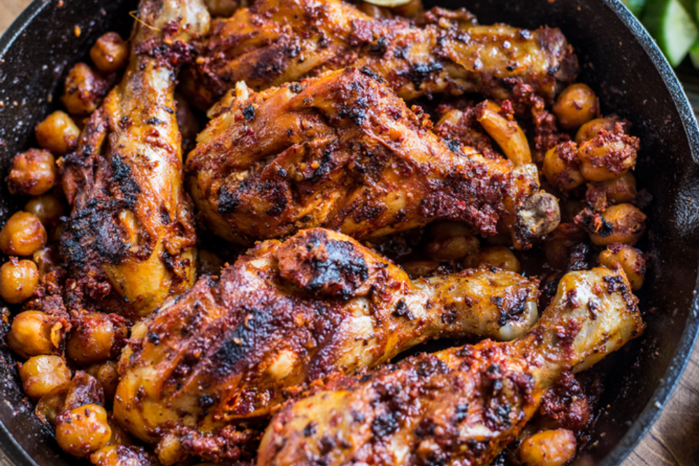 Grilled Buttermilk-Harissa Chicken with Zesty Pomegranate Slaw