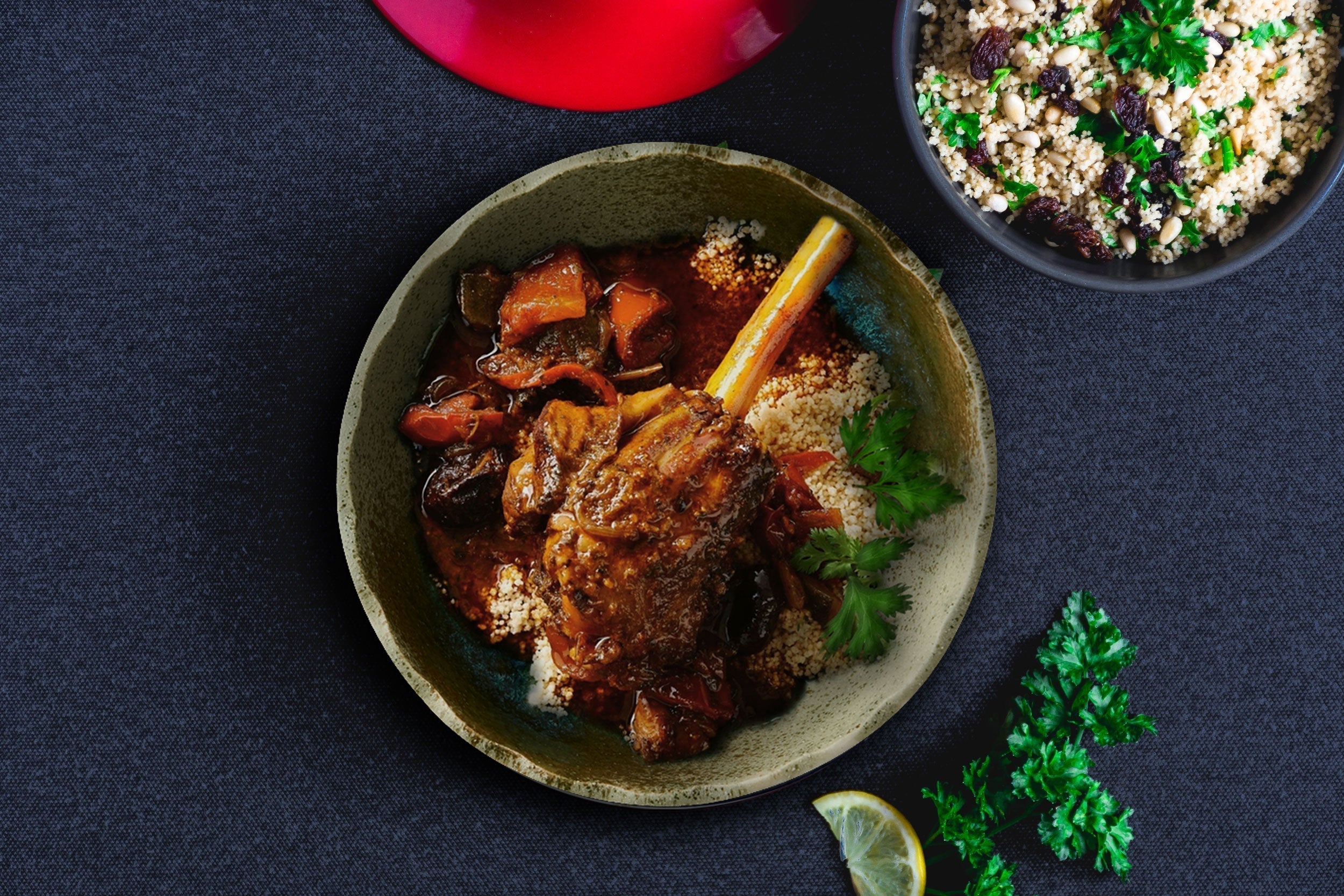 Middle Eastern Braised Lamb Shanks with Dates and Cous Cous