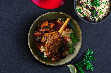 Middle Eastern Braised Lamb Shanks with Dates and Cous Cous