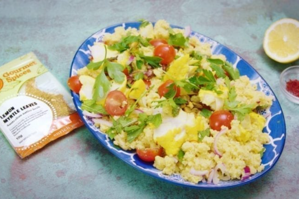 Spice-poached fish and cous cous salad