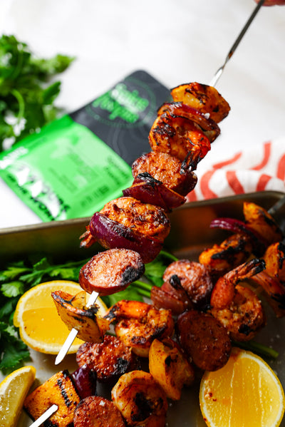 Paella Spiced Prawn Skewers with Charred Lemon