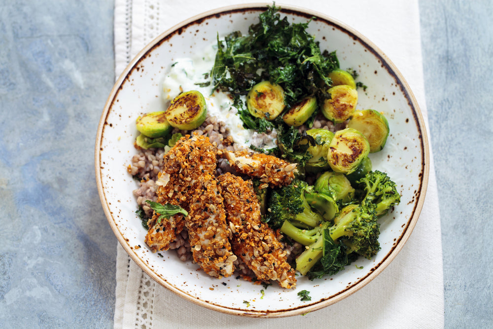 Dukkah-Crusted Chicken with Roasted Greens & Crunchy Seeds