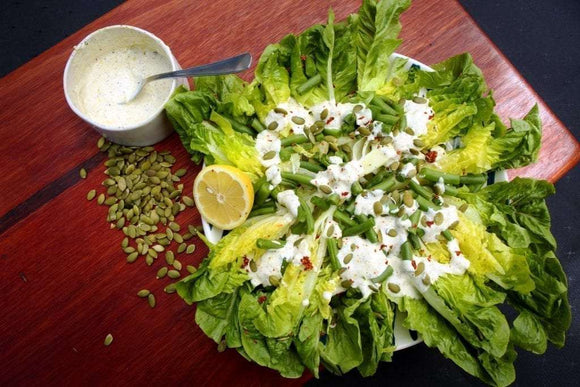 Cos and green bean salad with middle eastern yoghurt dressing