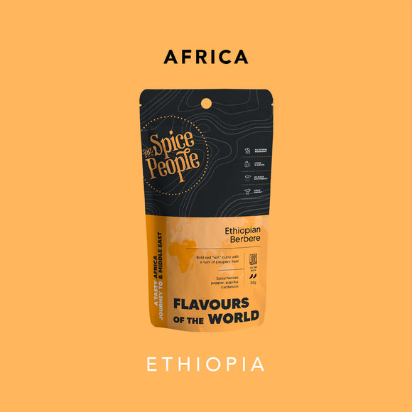 Spice People Ethiopian Berbere package on a yellow background with 'Africa' and 'Ethiopia' text.