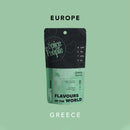 Spice package labeled 'Europe' and 'Greece' with 'The Spice People' branding on a green background.