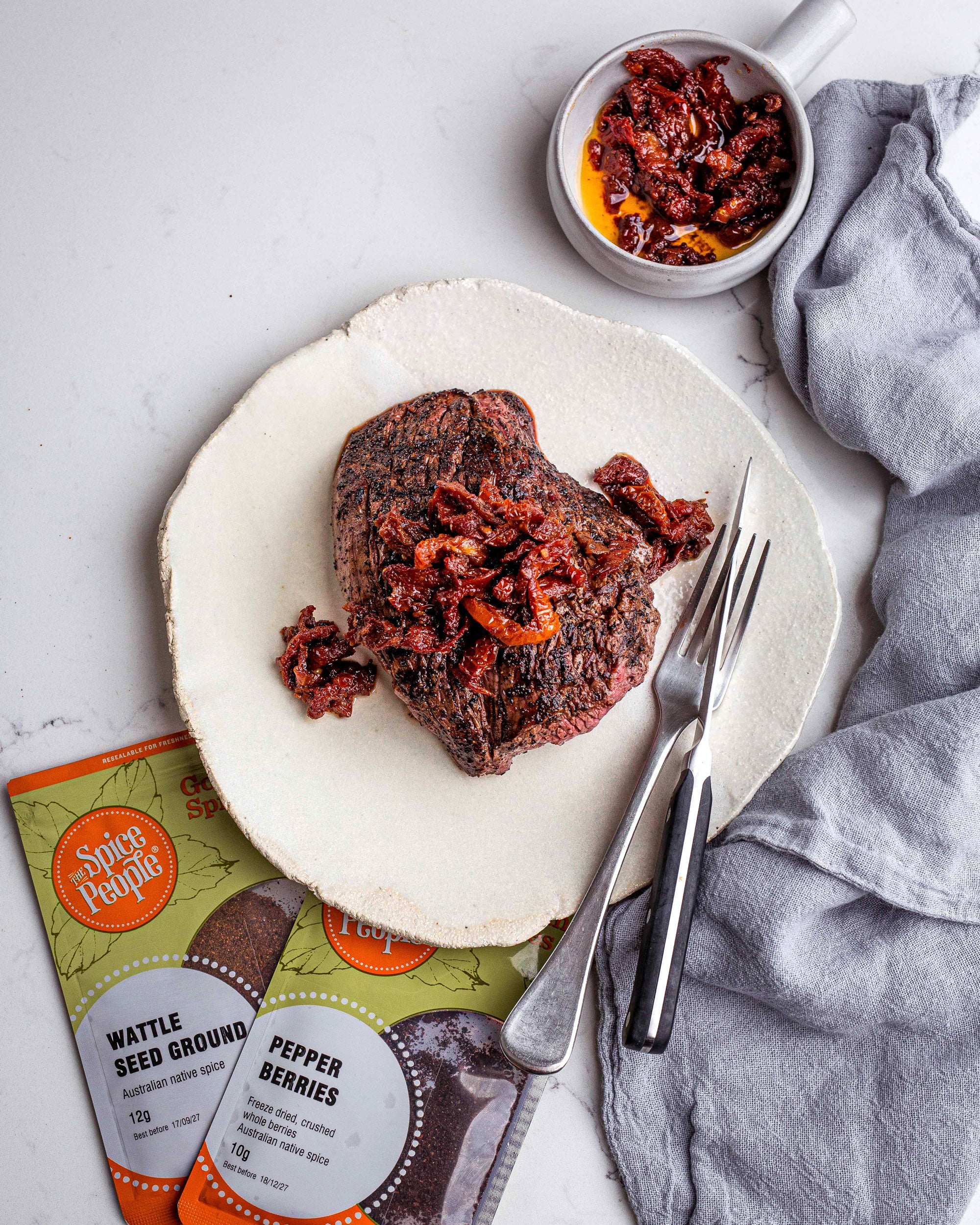 Wattleseed   pepperberry kangaroo steak with bush tomato relish 3780 w