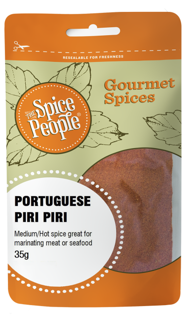 Packaging for 'The Spice People' Portuguese Piri Piri hot spice blend, medium hot for marinating or seasoning meats, seafood, or vegetables, 35g size.