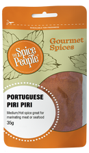 Packaging for 'The Spice People' Portuguese Piri Piri hot spice blend, medium hot for marinating or seasoning meats, seafood, or vegetables, 35g size.