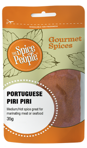 Packaging for 'The Spice People' Portuguese Piri Piri hot spice blend, medium hot for marinating or seasoning meats, seafood, or vegetables, 35g size.